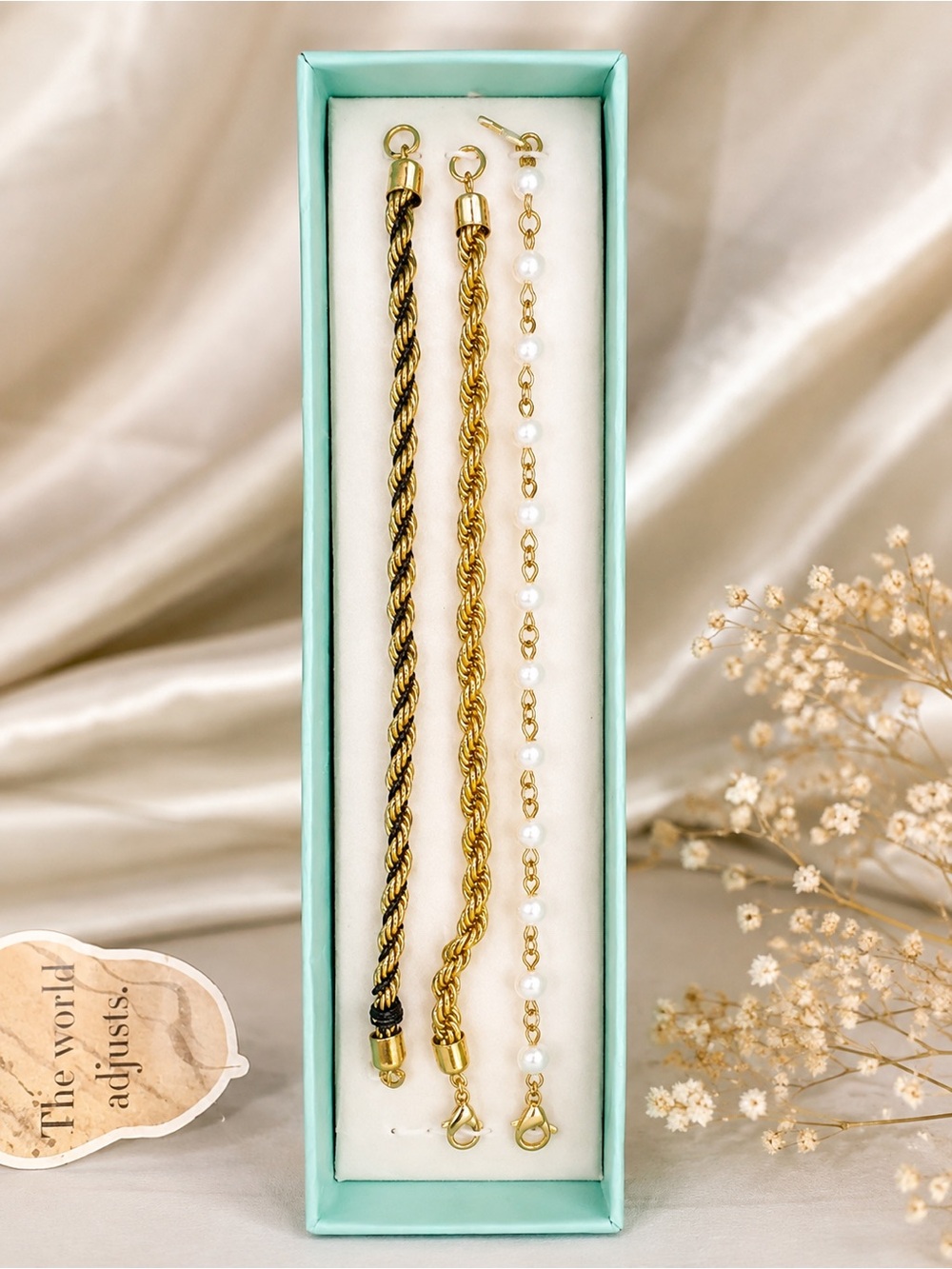 NIB 3pc Gold and Pearl Bracelet Set